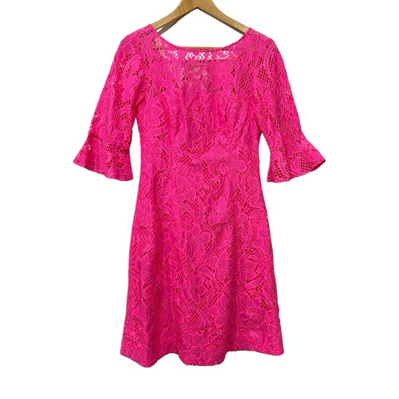 Lilly Pulitzer Allyson Dress Pink Lace Bell Sleeve Mini Dress New Sz 0 / Small - Picture 2 of 11